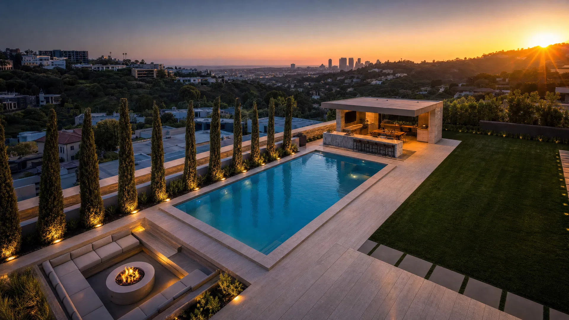 Luxury Los Angeles backyard at sunset